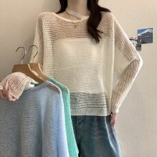 批发实拍大码女装<b class='q'>镂空</b>钩花长袖<b class='q'>针织</b>衫胖MM慵懒百搭防晒<b class='q'>罩衫</b>上衣