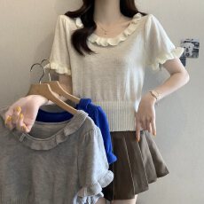 批发实拍大码<b class='q'>女</b>装韩系木耳边短袖<b class='q'>针织衫</b>胖MM百搭显瘦短款上衣