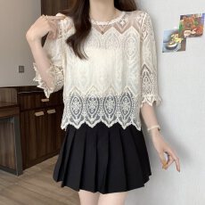 批发实拍大码<b class='q'>女装</b>法式甜美镂空圆领蕾丝衫<b class='q'>胖</b>MM<b class='q'>百搭</b>上衣