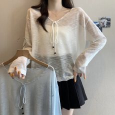 批发实拍大码女装慵懒风系带竹节麻薄款针织衫胖MM透气防晒罩衫
