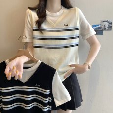 批发实拍大码女装条纹圆领短袖假两件针织衫胖MM休闲百搭 上衣