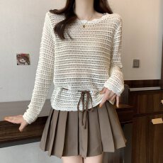 批发实拍<b class='q'>大码</b>女装甜美镂空钩花圆领套头针织衫胖MM百搭抽绳收腰上衣