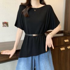 批发实拍大码女装慵懒一字肩蝙蝠袖针织衫胖MM收腰显瘦上衣配腰带