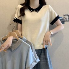 批发实拍大码女装撞色纽扣翻领针织衫胖MM宽松简约百搭上衣