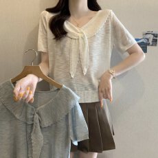 批发实拍大码女装假两件蝴蝶结亚麻短袖针织衫胖MM百搭上衣