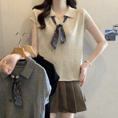 批发实拍大码女装韩系气质丝巾翻领竹节麻针织衫胖MM休闲百搭上衣