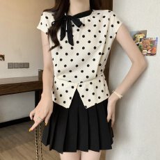 批发实拍大码女装米白色波点蝴蝶结飘带收腰短袖衬衫胖MM洋气百搭上衣
