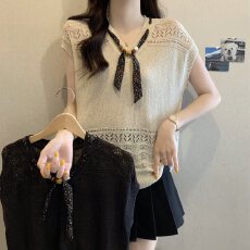 批发实拍大码女装韩系丝巾v领镂空<b class='q'>薄款</b><b class='q'>针织衫</b>胖MM显瘦百搭上衣