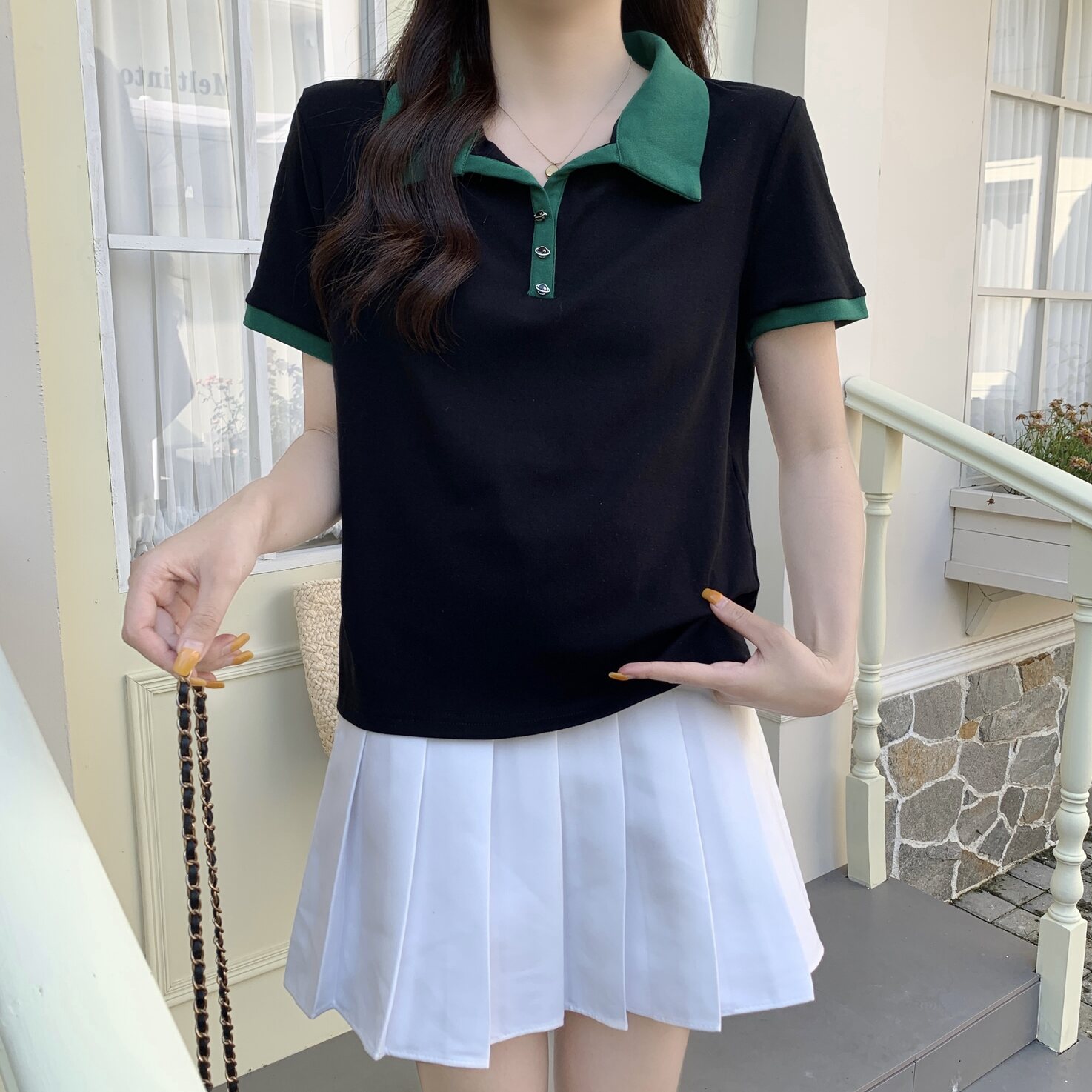 실사 빅 사이즈 여성 의류 검정색 POLO 셔츠 반팔 긍정적 인 어깨 티셔츠 지방 mm 배색 루즈핏 다용도 맨위