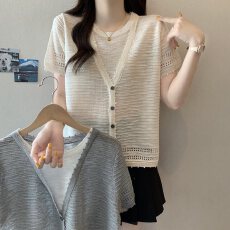 批发实拍大码女装韩系慵懒V领假两件竹节麻针织衫胖MM休闲百搭上衣