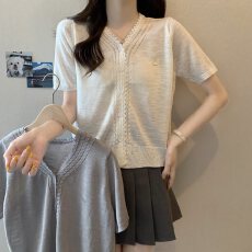 批发实拍大码女装蕾丝花边V领竹节麻针织衫胖MM宽松慵懒百搭上衣