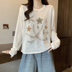 批发实拍大码女装幸运海星印花烫钻长袖防晒T恤胖MM宽松百搭上衣
