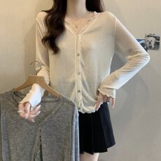 批发实拍<b class='q'>大码</b>女装木耳边柔软长袖<b class='q'>针织</b><b class='q'>开衫</b>胖MM防晒透气薄款空调衫
