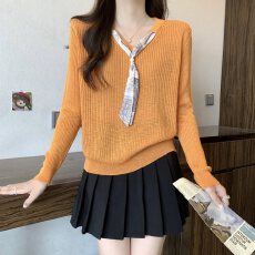 批发实拍大码女装韩系丝巾V领长袖针织衫胖MM宽松百搭上衣