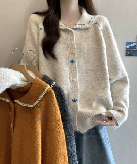 실사 빅 사이즈 여성 의류 달콤함 레이스 레이스 베이비 칼라 색상 버클 니트 오픈 가디건 지방 mm 부드러운 찹쌀 다용도 맨위