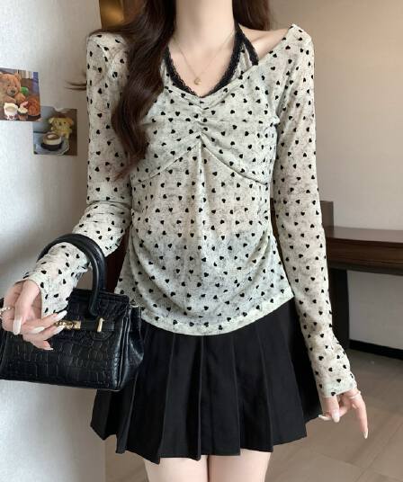 실사 빅 사이즈 순수한 욕망 핫걸 페이크 레이어드 행침 목 하트 프린트 긴팔 티셔츠 지방 mm 슬림해 보이는 다용도 맨위