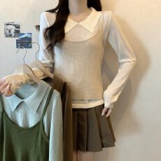 批发实拍大码女装韩系复古翻领两件套长袖针织衫胖MM打底叠穿百搭上衣