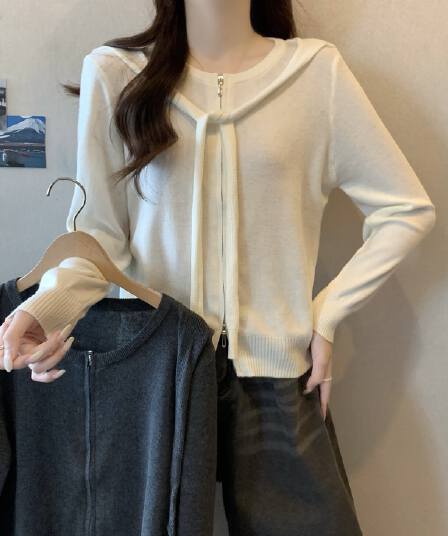실사 빅 사이즈 여성 의류 디자인 센스 라운드 넥 더블 머리 지퍼 니트 오픈 가디건 지방 mm 다용도 맨위
