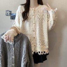 批发实拍大码女装破坏风钩花流苏圆领针织开衫胖MM时尚气质百搭上衣