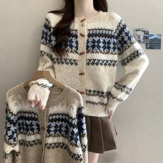 批发实拍大码<b class='q'>女装</b>韩系复古费尔岛提花针织开衫毛衣<b class='q'>胖</b>MM<b class='q'>软</b>糯百搭上衣