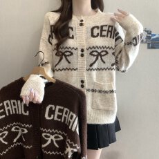 批发实拍大码<b class='q'>女装</b>韩系复古蝴蝶结提花针织开衫毛衣<b class='q'>胖</b>MM<b class='q'>软</b>糯百搭上衣
