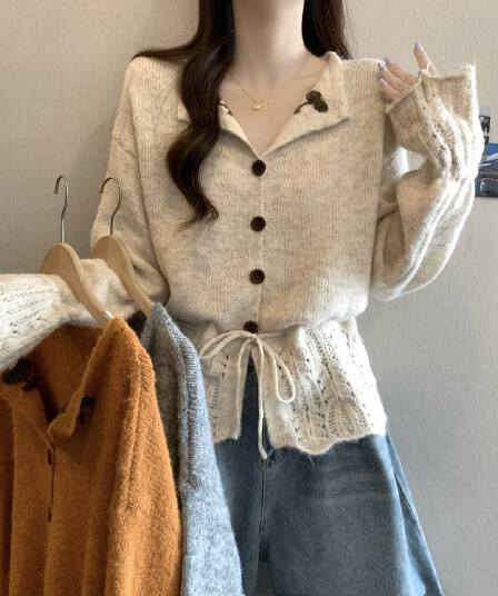 실사 빅 사이즈 여성 디자인 센스 홀로우 아웃 자카드 허리 수축 레이스업 나팔 소매 니트 스웨터 지방 mm 부드러운 찹쌀 다용도 맨위