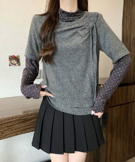 실사 빅 사이즈 여성 의류 한 부서 느긋한 도트 무늬 반하이넥 페이크 레이어드 긴팔 티셔츠 지방 mm 스택 착용 다용도 맨위