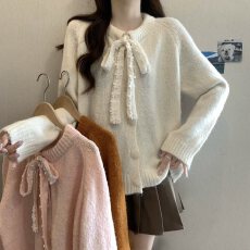 批发实拍大码女装甜美温柔风蝴蝶结绑带针织开衫毛衣胖MM软糯百搭上衣