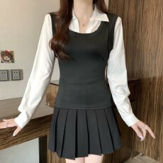 批发实拍大码女装假两件翻领长袖衬衫胖MM收腰显瘦百搭上衣