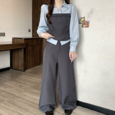 批发实拍大码女装韩系气质<b class='q'>假两件</b><b class='q'>衬衫</b>+垂坠高腰显瘦西装裤套装