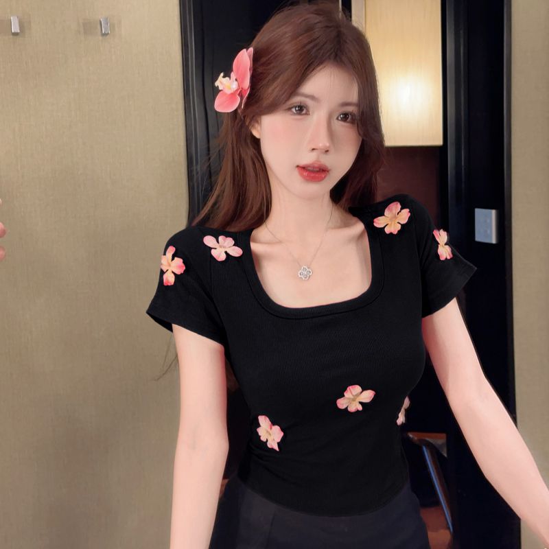 MY10928# 法式甜美气质辣妹方领露锁骨短袖T恤花朵螺纹显瘦百搭正肩上...