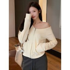 批发拉链斜肩外套女2025新款早秋宽松显瘦露肩开衫上衣