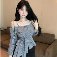 批发一字露肩格子吊带衬衫女绑带蝴蝶结修身不规则衬衣