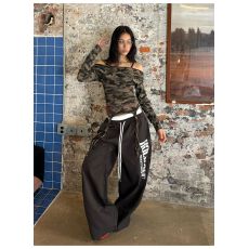 批发式辣妹迷彩两穿一字肩长袖T恤吊带绑带背心修身上衣