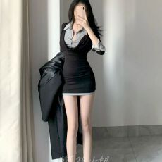 批发黑色假两件polo领衬衫正肩连衣裙女秋季收腰修身打底显瘦包臀短裙