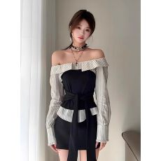 批发灰色一字肩拼接<b class='q'>长袖</b><b class='q'>衬衫</b>女早秋新款纯欲风收腰显瘦露肩修身上衣