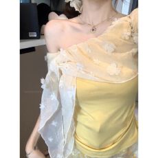 批发夏季设计感绝美短款上衣韩系甜辣<b class='q'>花朵</b>网纱斜肩修身显瘦短袖<b class='q'>T</b><b class='q'>恤</b>女