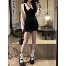 批发2025秋季学院辣妹风polo领包臀裙黑白色拼接假两件衬衫连衣裙女