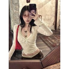 批发初秋新款性感辣妹风深V领蕾丝<b class='q'>长袖</b><b class='q'>t</b><b class='q'>恤</b>短款修身显瘦丝