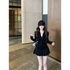 批发配打底裤一<b class='q'>黑色</b>褶皱polo领长袖连衣裙美式气质显瘦裙