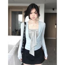 韩系设计感长袖绑带条纹抹胸两件套显瘦上衣2026春季新款百搭上衣