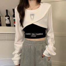 批发不规则短款卫衣女春秋小个子正肩美式欧货国风长袖上衣吊带两件套