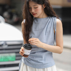 批发法式蓝色条纹收腰衬衫女抽绳T恤绑带<b class='q'>夏</b>季甜酷无袖上衣