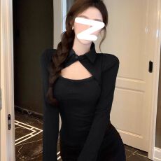 批发早春新款优雅淑女风黑色Polo领长袖镂空<b class='q'>假两件</b>修身收腰别致<b class='q'>上衣</b>女