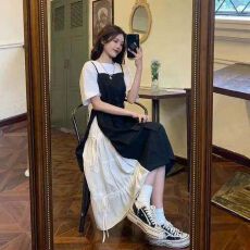 批发2026新款假两件吊带大码连衣裙女夏设计感小众茶歇发法式长裙<b class='q'>套装</b>