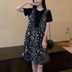 批发夏季休闲假两件中<b class='q'>长款</b>连衣裙女拼接背带裙气质<b class='q'>T</b><b class='q'>恤</b>印花裙子
