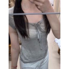 批发U领系带设计感<b class='q'>短袖</b><b class='q'>T</b><b class='q'>恤</b>女2026夏季薄款凉感上衣