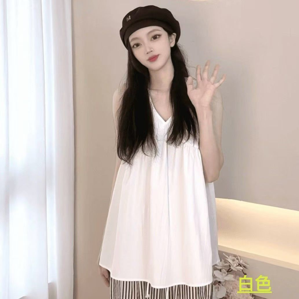 순수한 욕망 민소매 여성 셔츠 여름 새로운 V넥 루즈핏 미니멀리즘 다용도 맨위