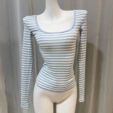 批发条纹韩系复古露背绑带条纹显瘦上衣长袖<b class='q'>T</b><b class='q'>恤</b>女