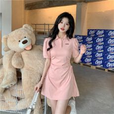 批发粉色POLO翻领<b class='q'>连衣裙</b>夏日学院风甜辣妹抽绳褶皱收腰小个子初恋短裙